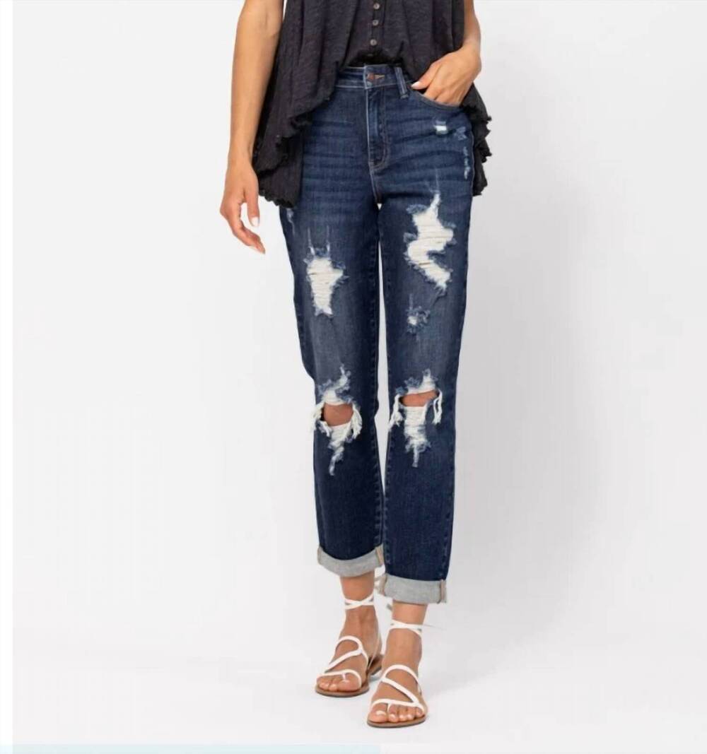 NEW JUDY BLUE women's krystal destroyed cuffed boyfriend jeans in dark wash